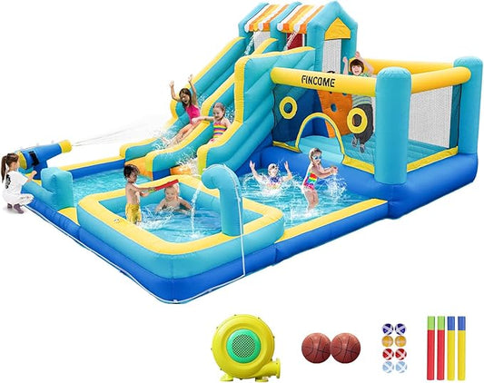 Aufblasbares Spielcenter mit zwei Wasserrutschen und Hüpfbereichen